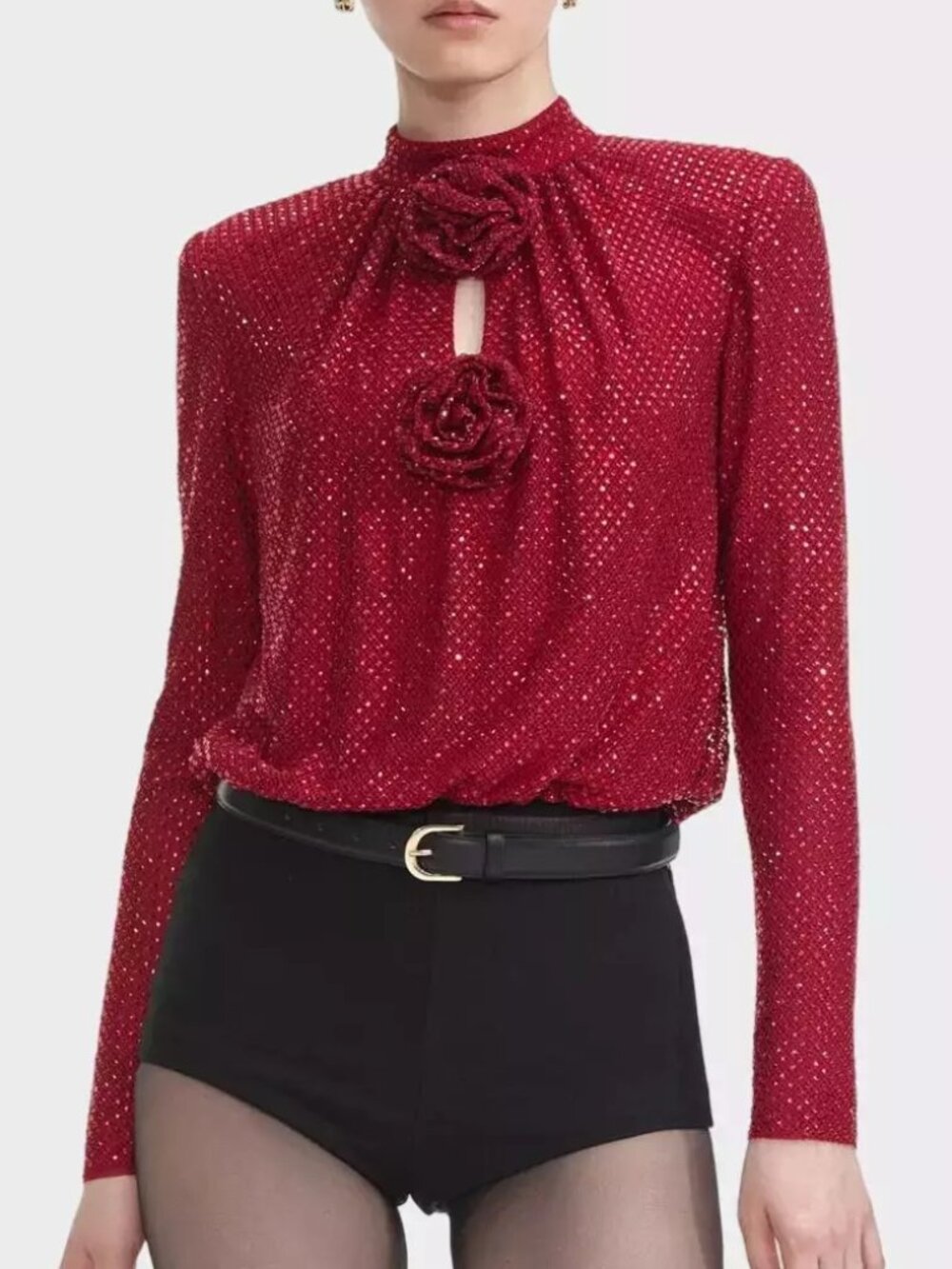 Self Portrait Red Rhinestone Mesh Top, US 4